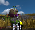 The President using White Pikmin to fight off a Sickly Wollyhop, another nearby.