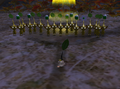 Louie as a Pikmin, surrounded by his Yellow Pikmin.